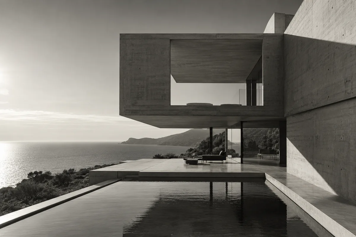 Monochrome architecture concept featuring a modern concrete house